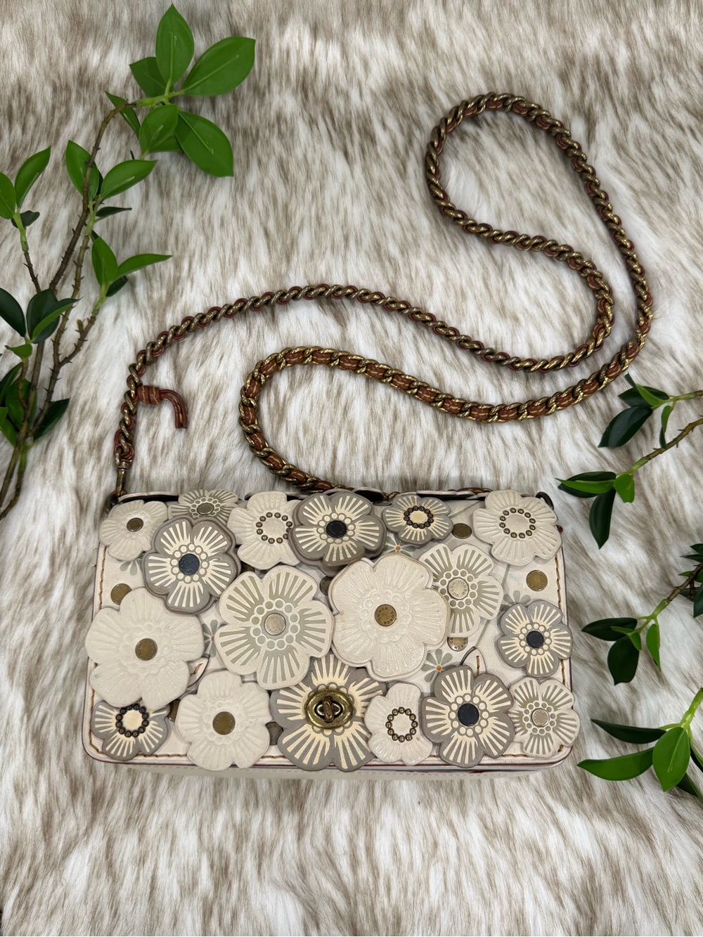 Coach Tea Rose Cream Floral Appliqué Crossbody with Gold Chain